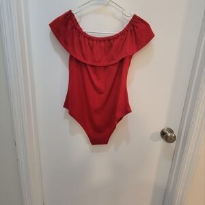 Red  off shoulder body suit holiday valentine  flattering top nye